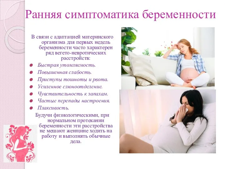 Ранняя симптоматика беременности В связи с адаптацией материнского организма для первых недель