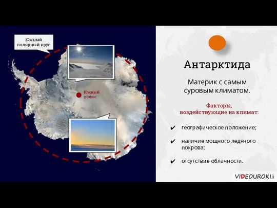 Антарктида Материк с самым суровым климатом. Факторы, воздействующие на климат: географическое положение;