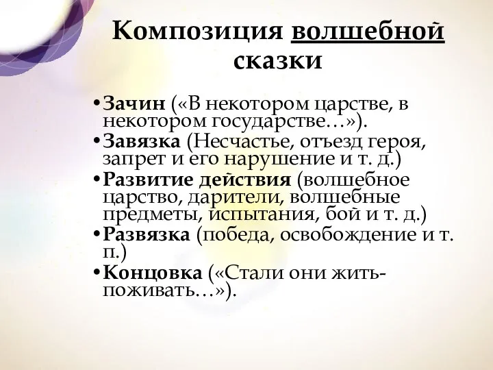 Композиция волшебной сказки Зачин («В некотором царстве, в некотором государстве…»). Завязка (Несчастье,