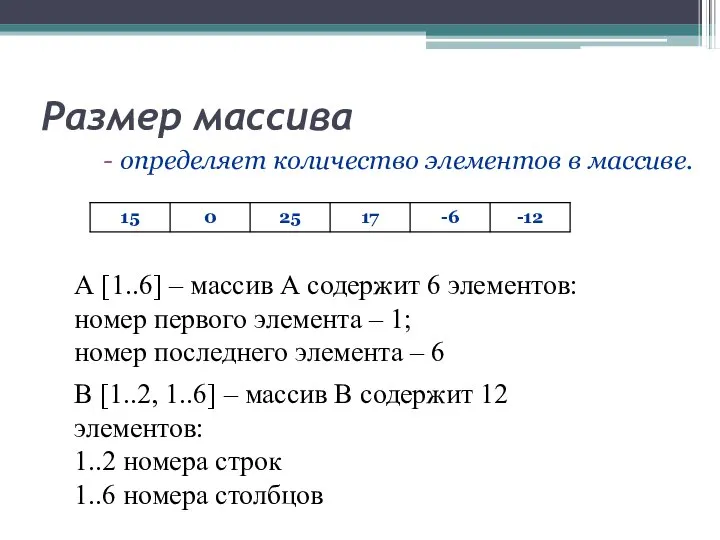 Размер массива определяет количество элементов в массиве. А [1..6] – массив А