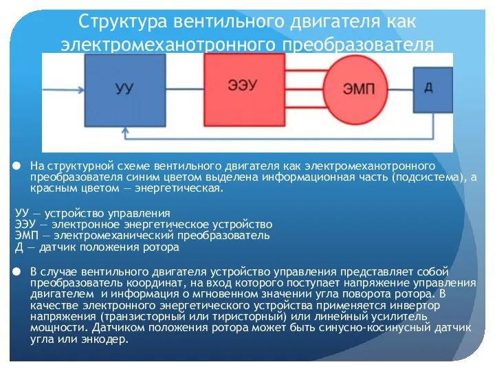 Структура вентильного двигателя как электромеханотронного преобразователя На структурной схеме вентильного двигателя как