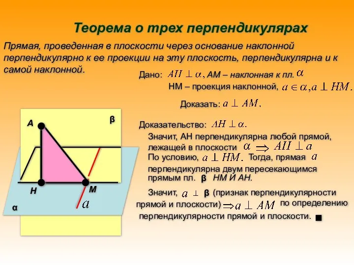 Теорема о трех перпендикулярах Прямая, проведенная в плоскости через основание наклонной перпендикулярно