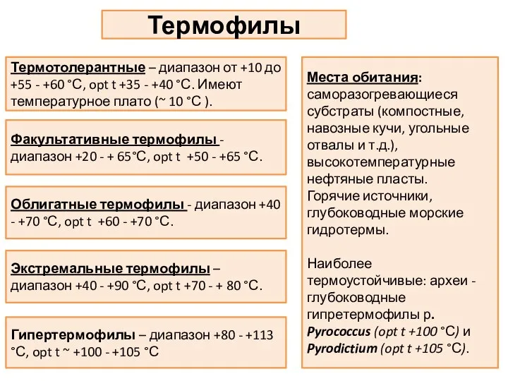 Термофилы Термотолерантные – диапазон от +10 до +55 - +60 °С, opt