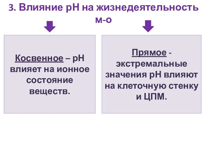 3. Влияние рН на жизнедеятельность м-о Косвенное – рН влияет на ионное