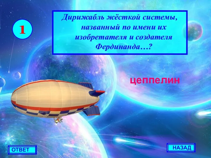 Дирижабль жёсткой системы, названный по имени их изобретателя и создателя Фердинанда…? цеппелин 1 НАЗАД ОТВЕТ