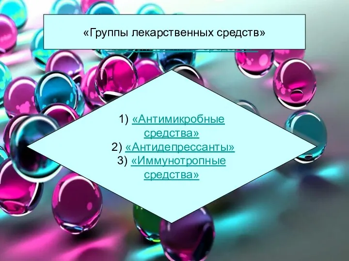 1) «Антимикробные средства» 2) «Антидепрессанты» 3) «Иммунотропные средства» 1) «Антимикробные средства» 2)