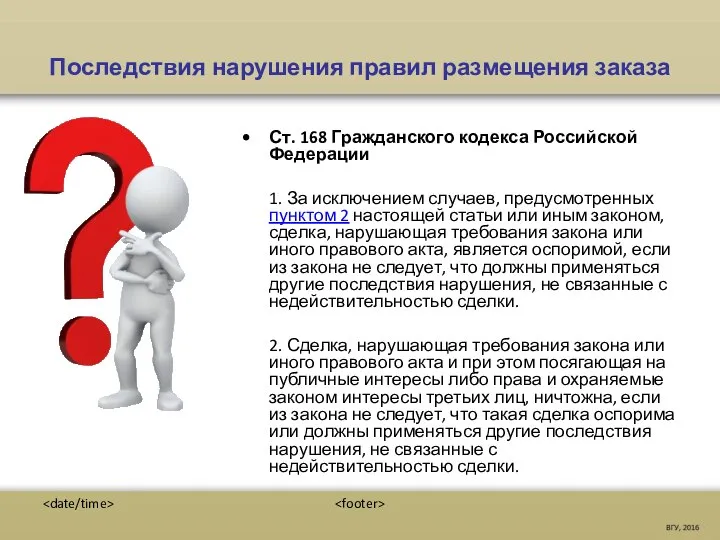 Последствия нарушения правил размещения заказа Ст. 168 Гражданского кодекса Российской Федерации 1.