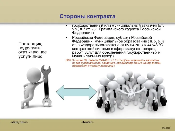 Стороны контракта Поставщик, подрядчик, оказывающее услуги лицо государственный или муниципальный заказчик (ст.