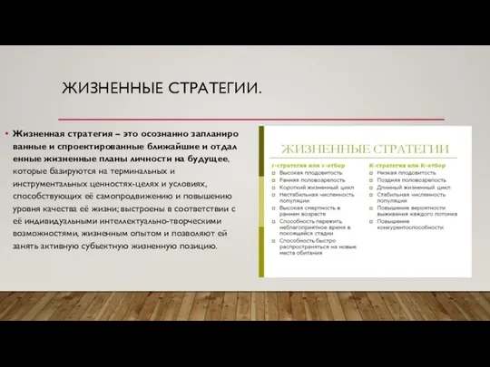 ЖИЗНЕННЫЕ СТРАТЕГИИ. Жизненная стратегия – это осознанно запланированные и спроектированные ближайшие и