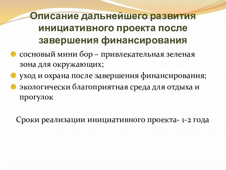 Описание дальнейшего развития инициативного проекта после завершения финансирования сосновый мини бор –