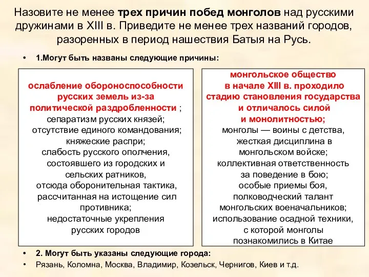 Назовите не менее трех причин побед монголов над русскими дружинами в XIII