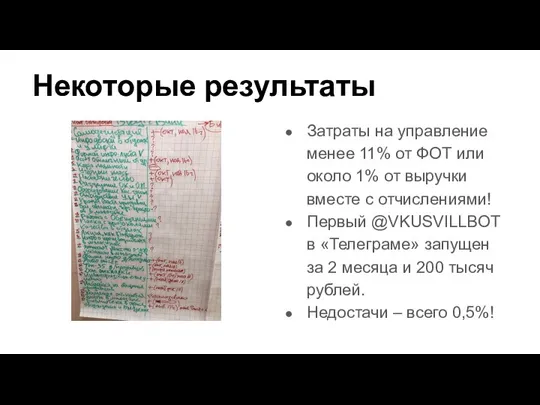 Некоторые результаты Затраты на управление менее 11% от ФОТ или около 1%