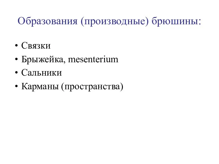 Образования (производные) брюшины: Связки Брыжейка, mesenterium Сальники Карманы (пространства)