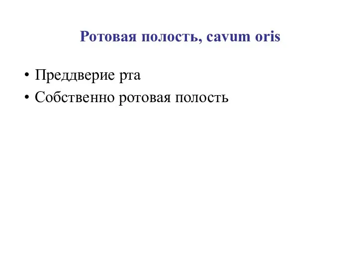 Ротовая полость, cavum oris Преддверие рта Собственно ротовая полость