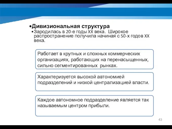 Дивизиональная структура Зародилась в 20-е годы XX века. Широкое распространение получила начиная