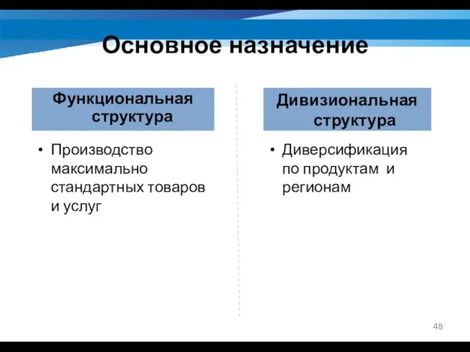 Основное назначение Функциональная структура Производство максимально стандартных товаров и услуг Дивизиональная структура