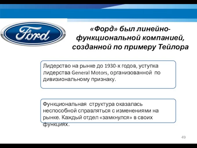 «Форд» был линейно-функциональной компанией, созданной по примеру Тейлора Функциональная структура оказалась неспособной