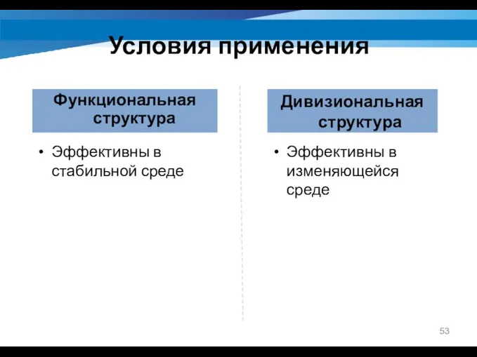 Условия применения Функциональная структура Эффективны в стабильной среде Дивизиональная структура Эффективны в изменяющейся среде