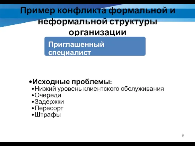 Пример конфликта формальной и неформальной структуры организации Исходные проблемы: Низкий уровень клиентского