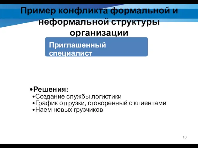 Пример конфликта формальной и неформальной структуры организации Решения: Создание службы логистики График