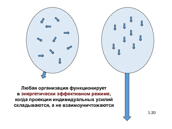 Любая организация функционирует в энергетически эффективном режиме, когда проекции индивидуальных усилий складываются, а не взаимоуничтожаются 1:20