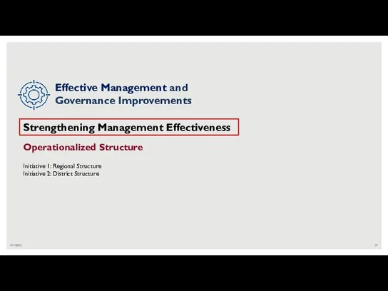 4/1/2022 Strengthening Management Effectiveness Operationalized Structure Initiative 1: Regional Structure Initiative 2: