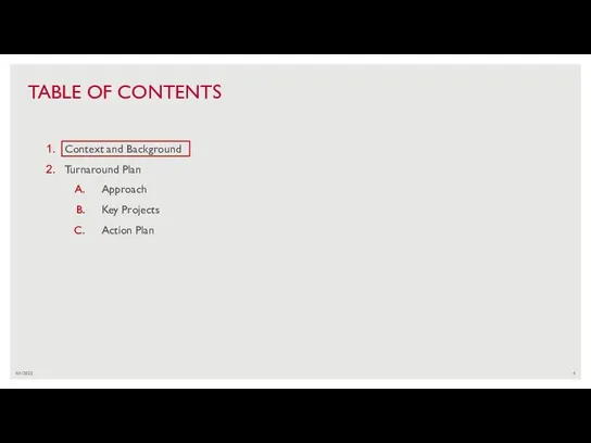 4/1/2022 TABLE OF CONTENTS Context and Background Turnaround Plan Approach Key Projects Action Plan