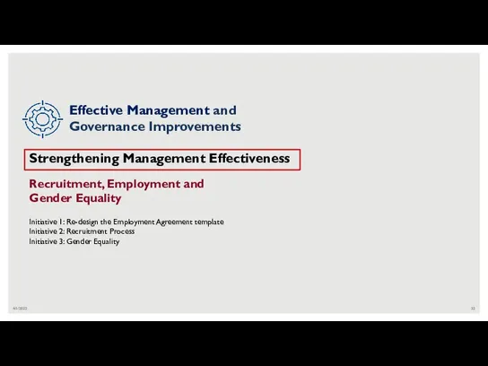 4/1/2022 Strengthening Management Effectiveness Recruitment, Employment and Gender Equality Initiative 1: Re-design