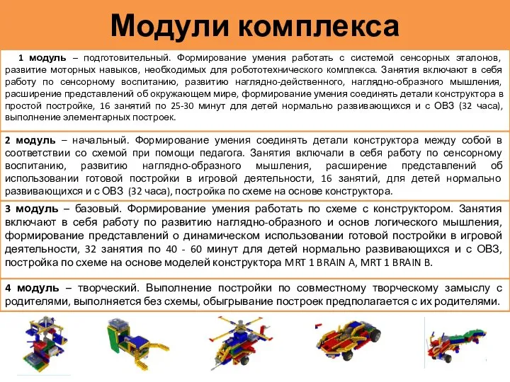 Модули комплекса 1 модуль – подготовительный. Формирование умения работать с системой сенсорных