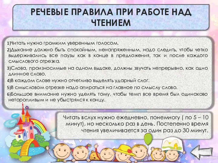 Читать вслух нужно ежедневно, понемногу ( по 5 – 10 минут), но