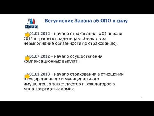 01.01.2012 – начало страхования (с 01 апреля 2012 штрафы к владельцам объектов