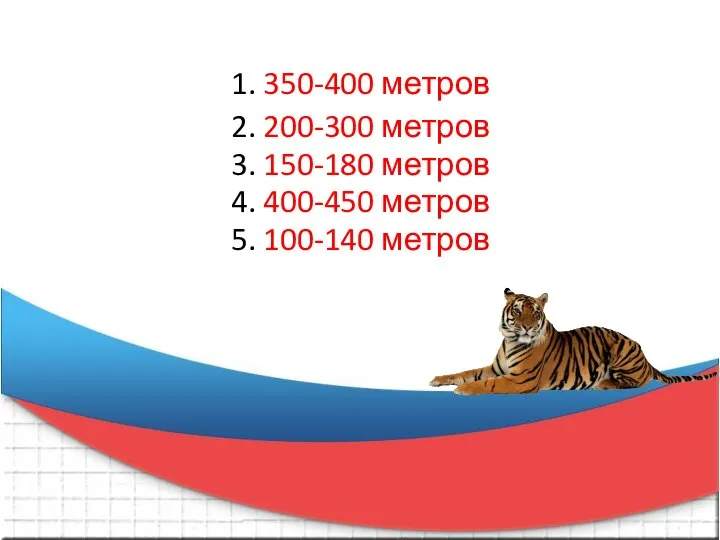 1. 350-400 метров 2. 200-300 метров 3. 150-180 метров 4. 400-450 метров 5. 100-140 метров