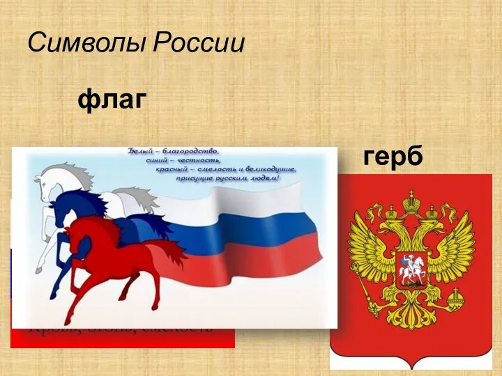 Символы России герб флаг Мир, чистота устремлений Небо, благородство, верность Кровь, огонь, смелость
