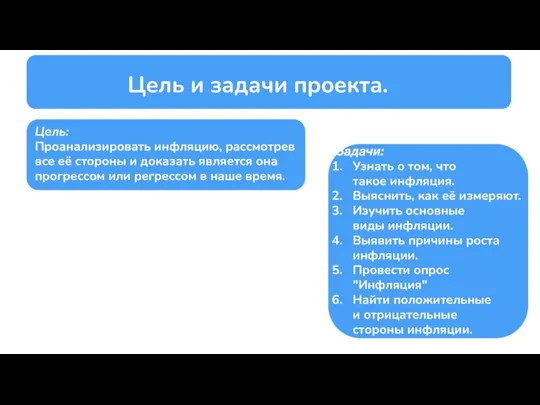 Цель и задачи проекта. Цель: Проанализировать инфляцию, рассмотрев все её стороны и