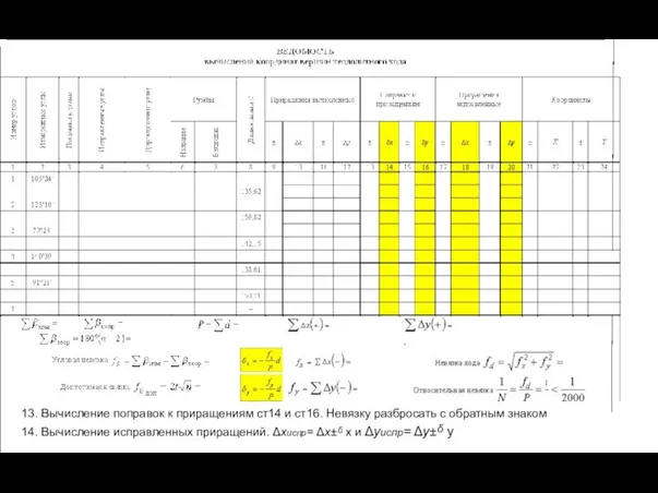 13. Вычисление поправок к приращениям ст14 и ст16. Невязку разбросать с обратным