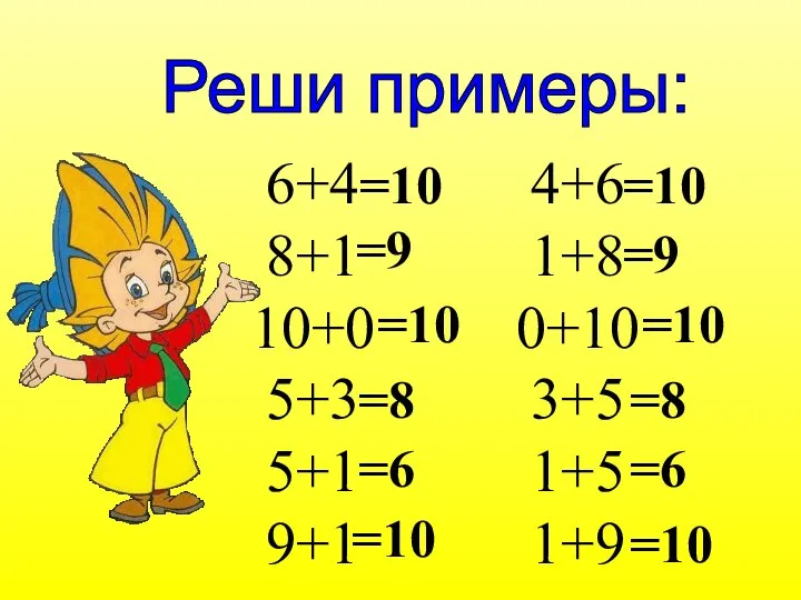 Реши примеры: 6+4 8+1 10+0 5+3 5+1 9+1 4+6 1+8 0+10 3+5