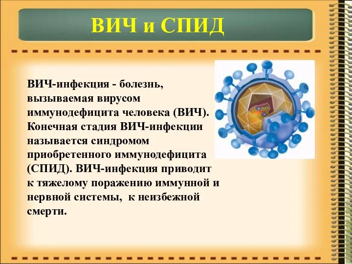 ВИЧ и СПИД ВИЧ-инфекция - болезнь, вызываемая вирусом иммунодефицита человека (ВИЧ). Конечная