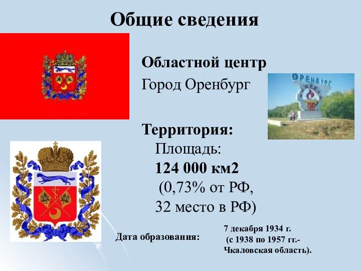 Общие сведения Областной центр Город Оренбург Территория: Площадь: 124 000 км2 (0,73%