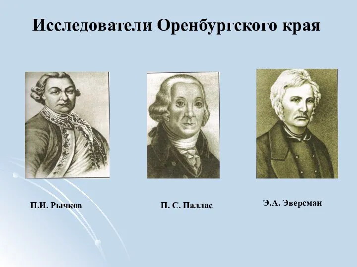 Исследователи Оренбургского края П.И. Рычков П. С. Паллас Э.А. Эверсман