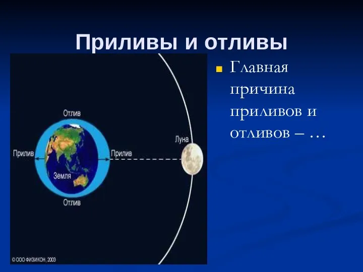 Приливы и отливы Главная причина приливов и отливов – …