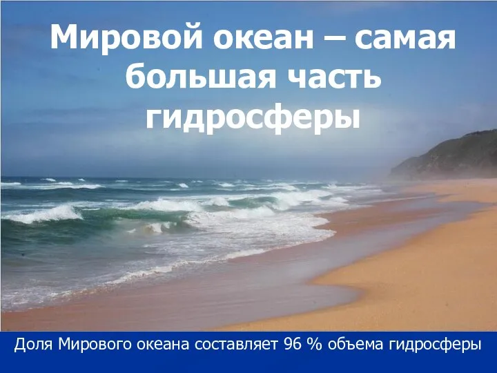 Мировой океан – самая большая часть гидросферы Доля Мирового океана составляет 96 % объема гидросферы