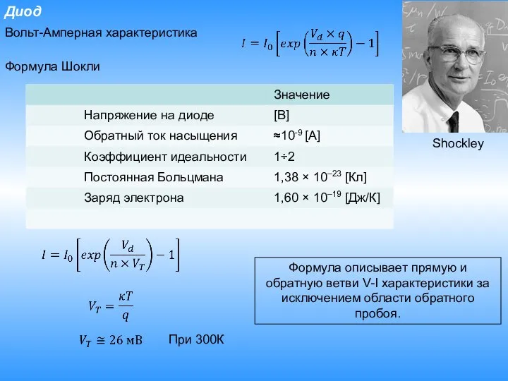 Диод Формула Шокли Shockley При 300К Вольт-Амперная характеристика Формула описывает прямую и