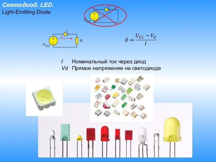 Светодиод. LED. Light-Emitting Diode I Номинальный ток через диод Vd Прямое напряжение на светодиоде