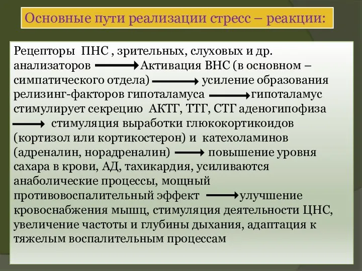 Рецепторы ПНС , зрительных, слуховых и др. анализаторов Активация ВНС (в основном