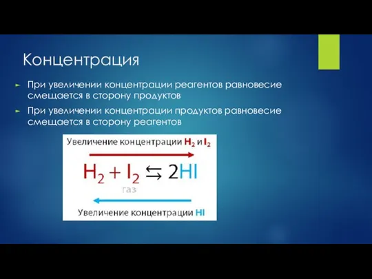 Концентрация При увеличении концентрации реагентов равновесие смещается в сторону продуктов При увеличении