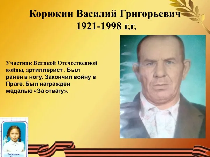 Корюкин Василий Григорьевич 1921-1998 г.г. Участник Великой Отечественной войны, артиллерист . Был