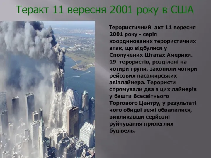 Теракт 11 вересня 2001 року в США Терористичний акт 11 вересня 2001