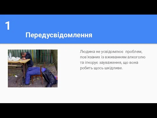 Передусвідомлення Людина не усвідомлює проблем, пов'язаних із вживанням алкоголю та ігнорує зауваження,