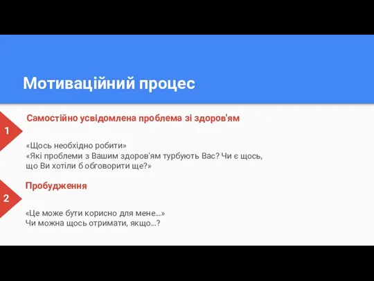 Мотиваційний процес 1 Самостійно усвідомлена проблема зі здоров'ям «Щось необхідно робити» «Які