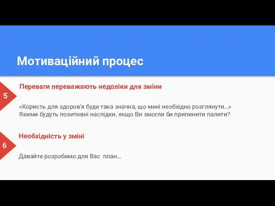 Мотиваційний процес 5 Переваги переважають недоліки для зміни «Користь для здоров'я буде